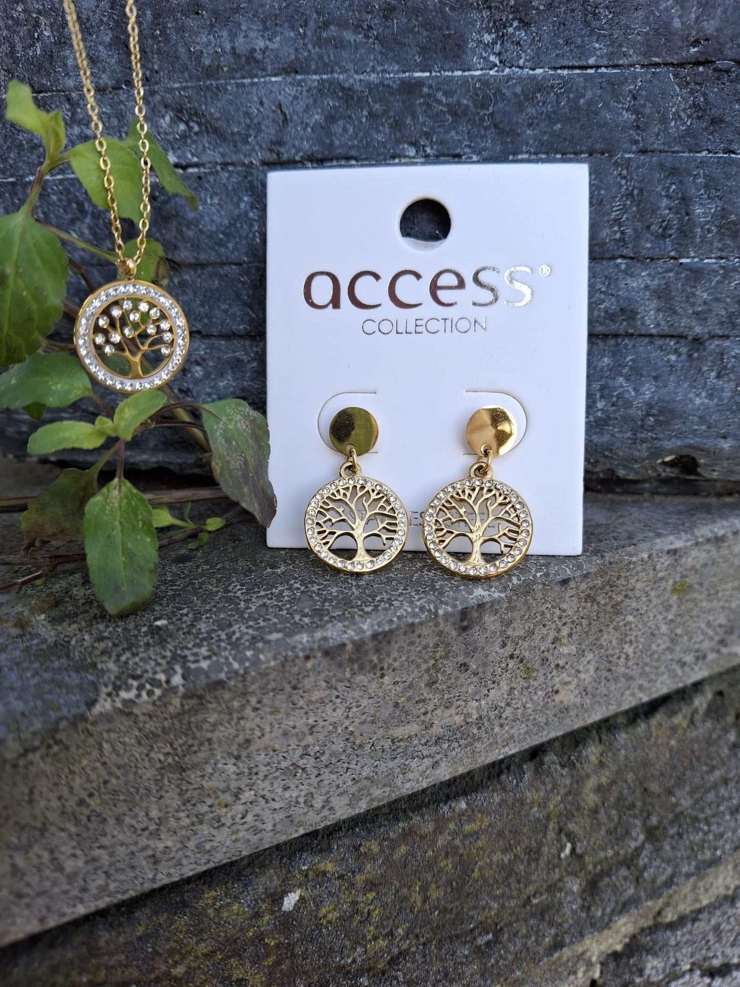 Goudkleurige oorbellen met levensboom omringd met strass steentjes