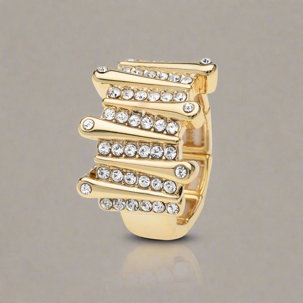 Goudkleurige elastische langwerpige ring met strass steentjes BEjewels