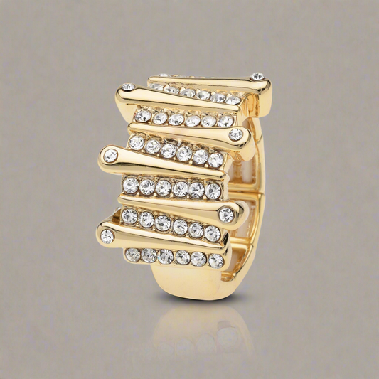 Goudkleurige elastische langwerpige ring met strass steentjes BEjewels