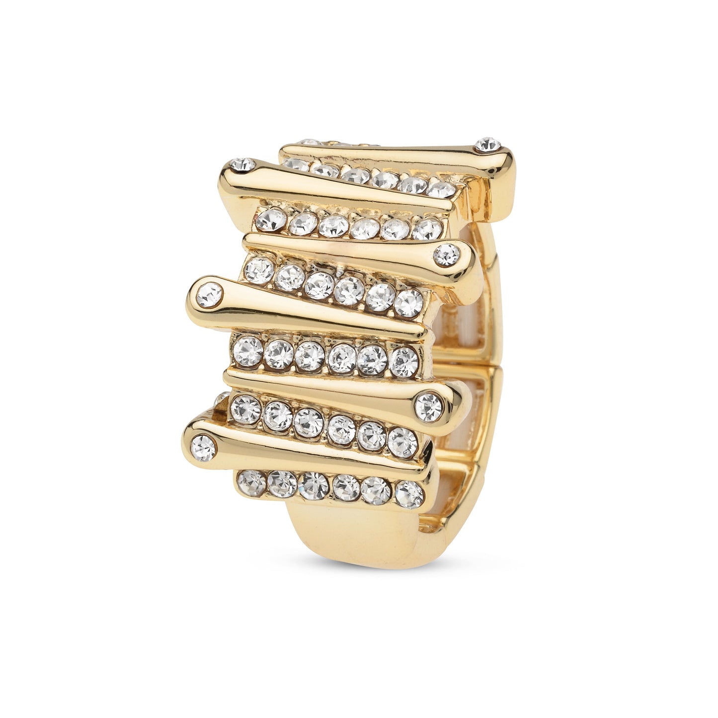 Goudkleurige elastische langwerpige ring met strass steentjes BEjewels