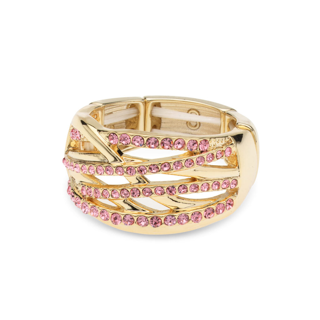 Goudkleurige elastische fantasie ring met roze steentjes BEjewels