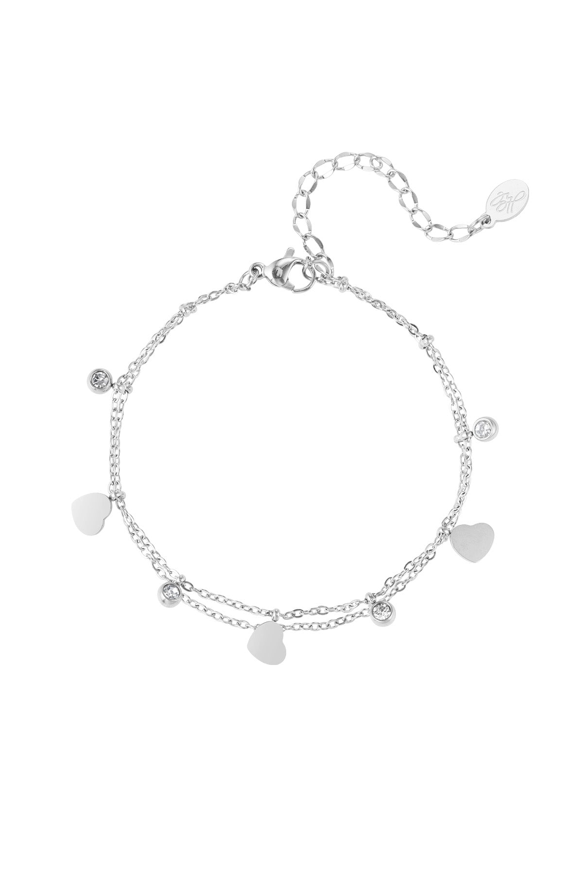 Zilverkleurige bedelarmband met verfijnde steentjes en hartjes