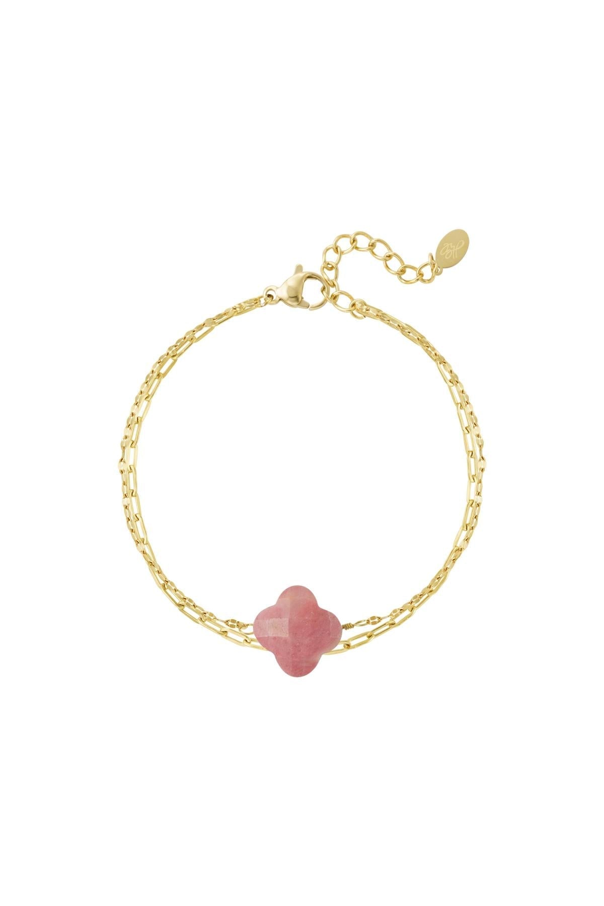 Dubbele goudkleurige armband Rodochrosiet natuursteen klaver vier.