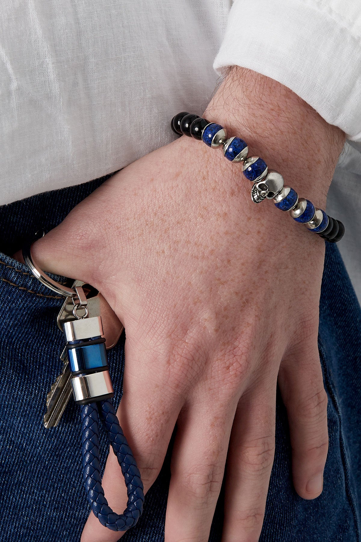 Zwart/Blauw Armband met kralen en schedel - zwart/blauw