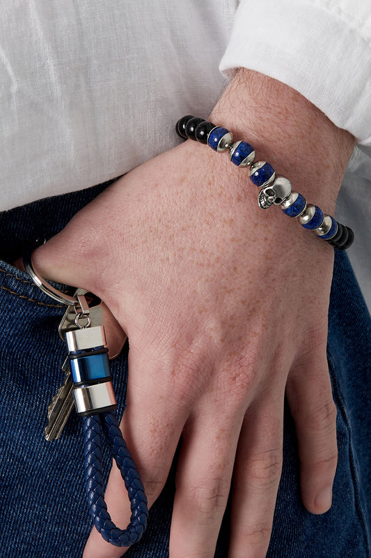 Zwart/Blauw Armband met kralen en schedel - zwart/blauw