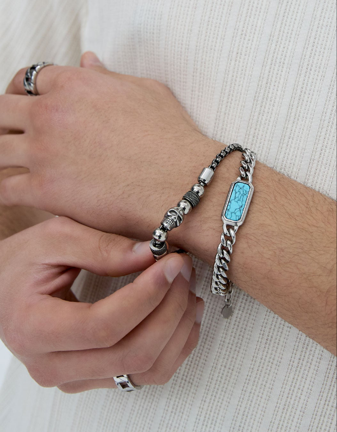 Zilverkleurige heren schakelarmband met turquoise steen