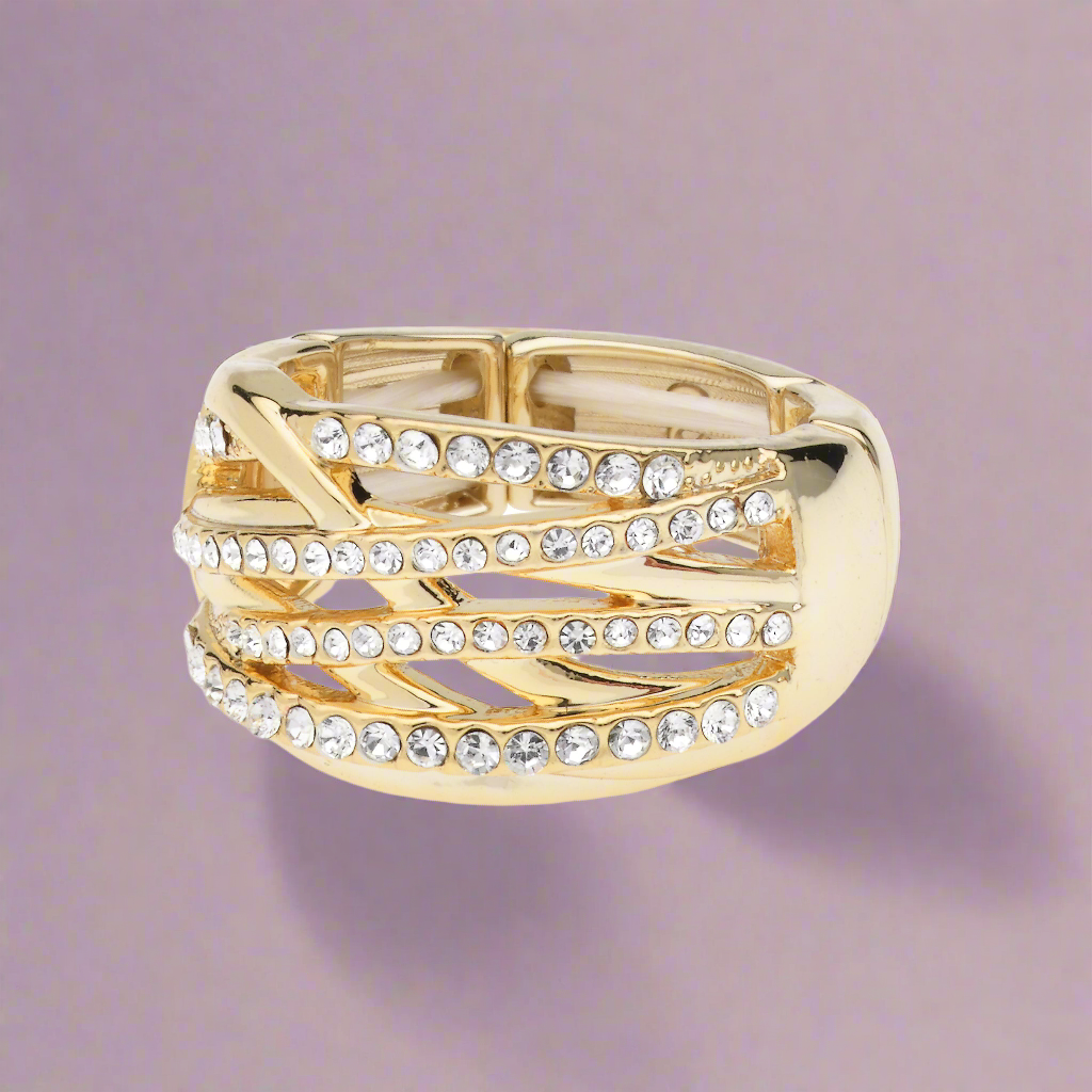 Goudkleurige elastische  fantasie ring met witte steentjes BEjewels