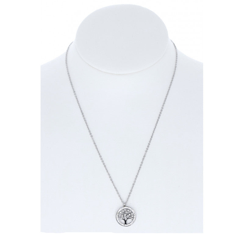 Zilverkleurige ketting met levensboom omringd door strass steentjes