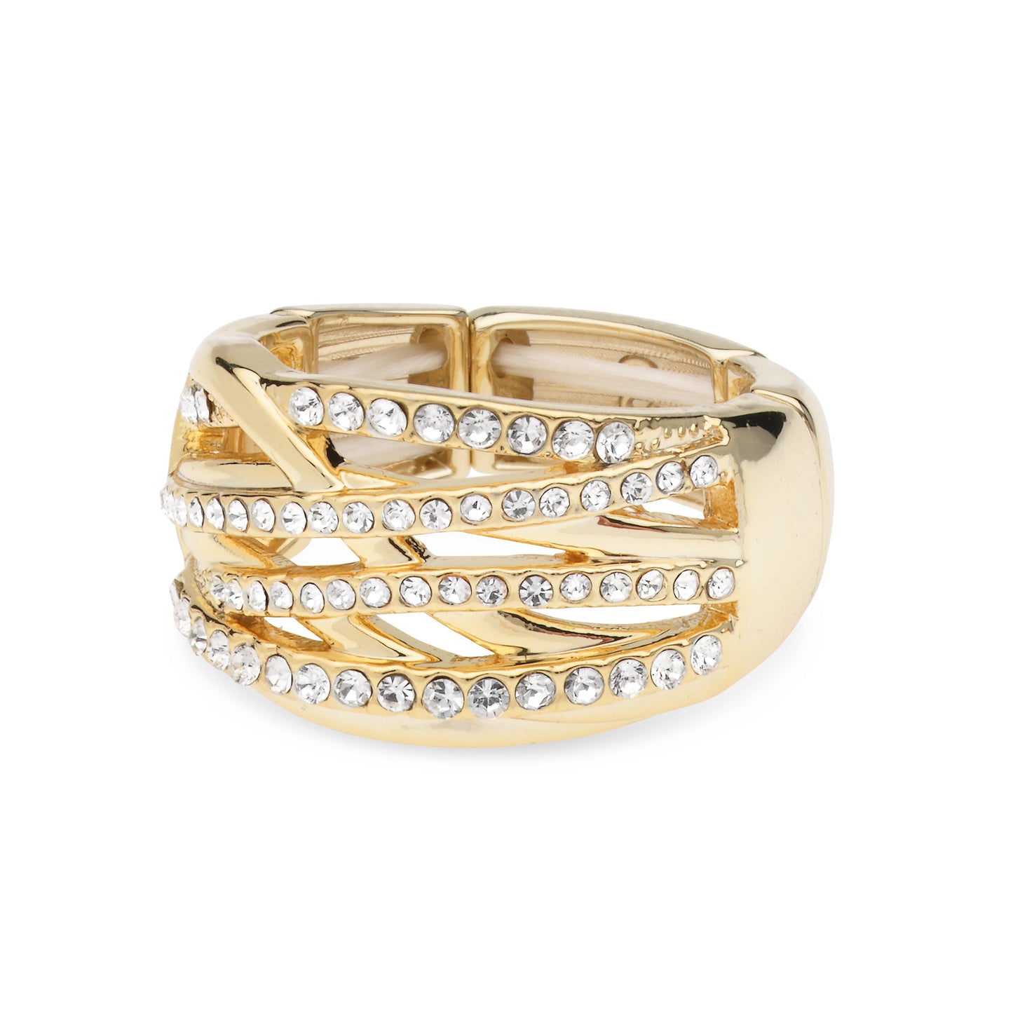 Goudkleurige elastische  fantasie ring met witte steentjes BEjewels